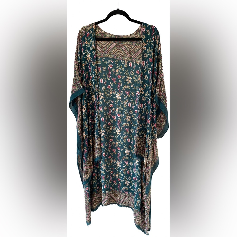 American Eagle Open Kimono Wrap Cover Up Womens One Size Green Floral Gypsy Boho